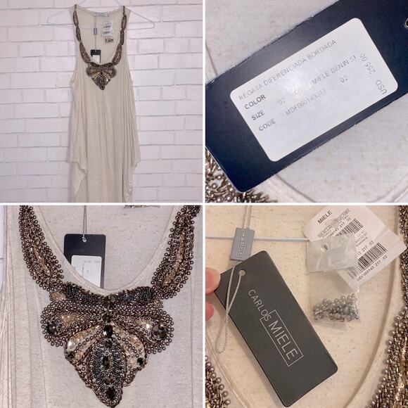 NEW Carlos Miele $255 Beaded Flowy Tank Tunic Dress Cover Up Ivory MEDIUM - Picture 1 of 15